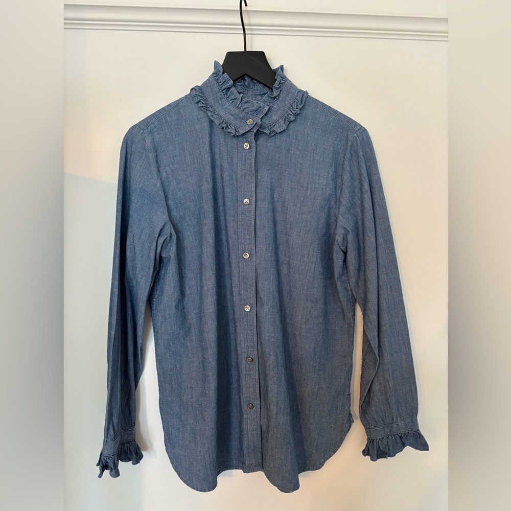 J.CREW chambray ruffle high neck button down shirt.  6

only worn once